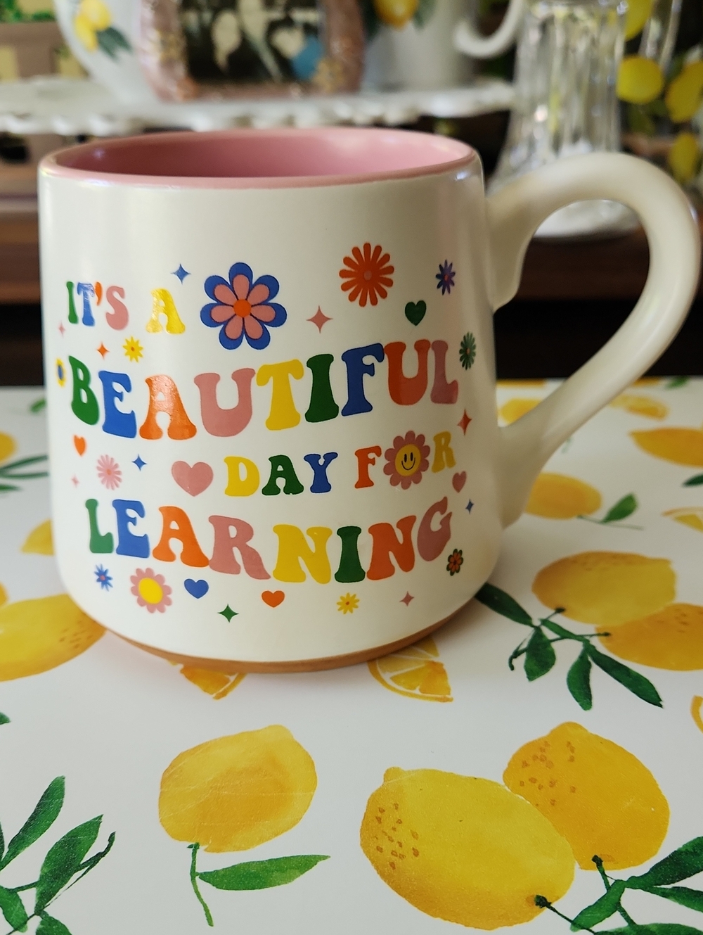 Colorful 'It's a Beautiful Day for Learning' Ceramic Coffee Mug - Pink Interior
